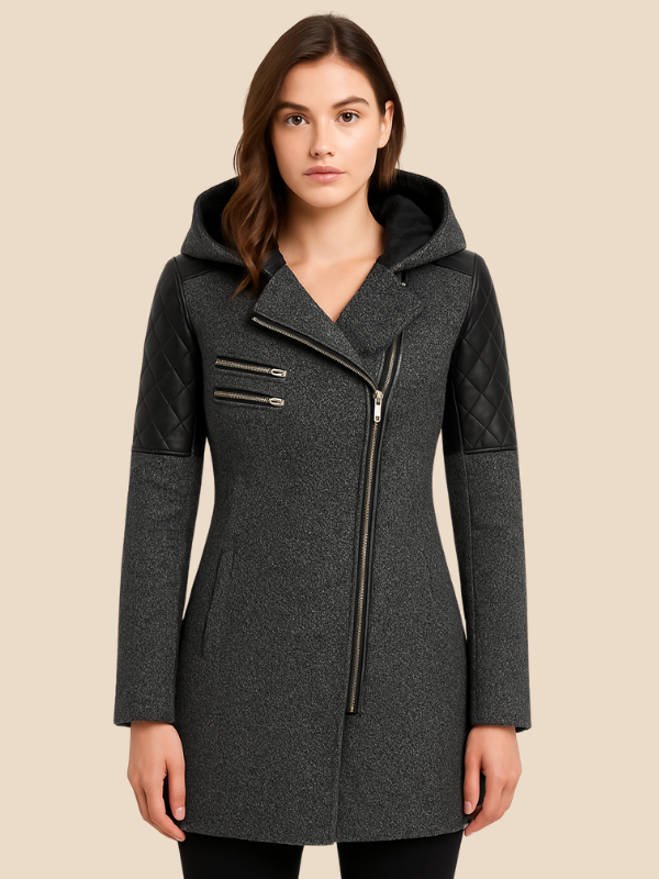 Contrast Panel Hooded Wool Coat