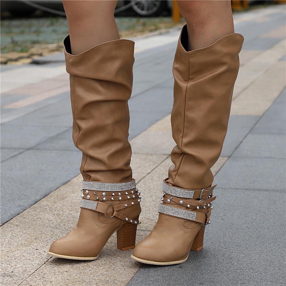 Women's Knee-High Boots - Slouchy Design - Block Heel