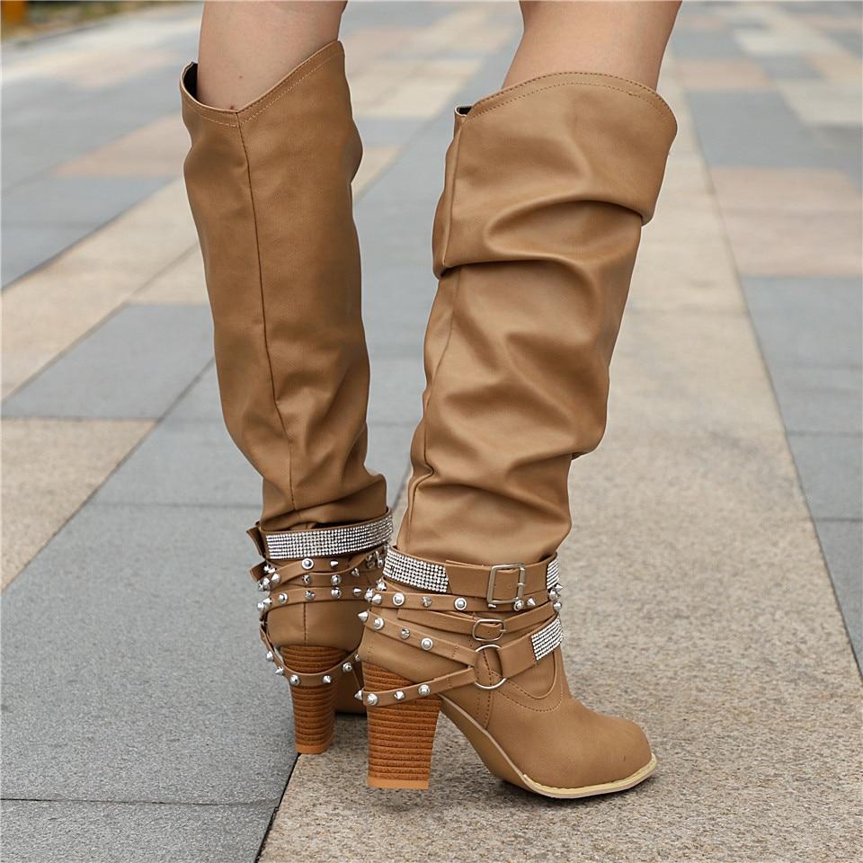 Women's Knee-High Boots - Slouchy Design - Block Heel