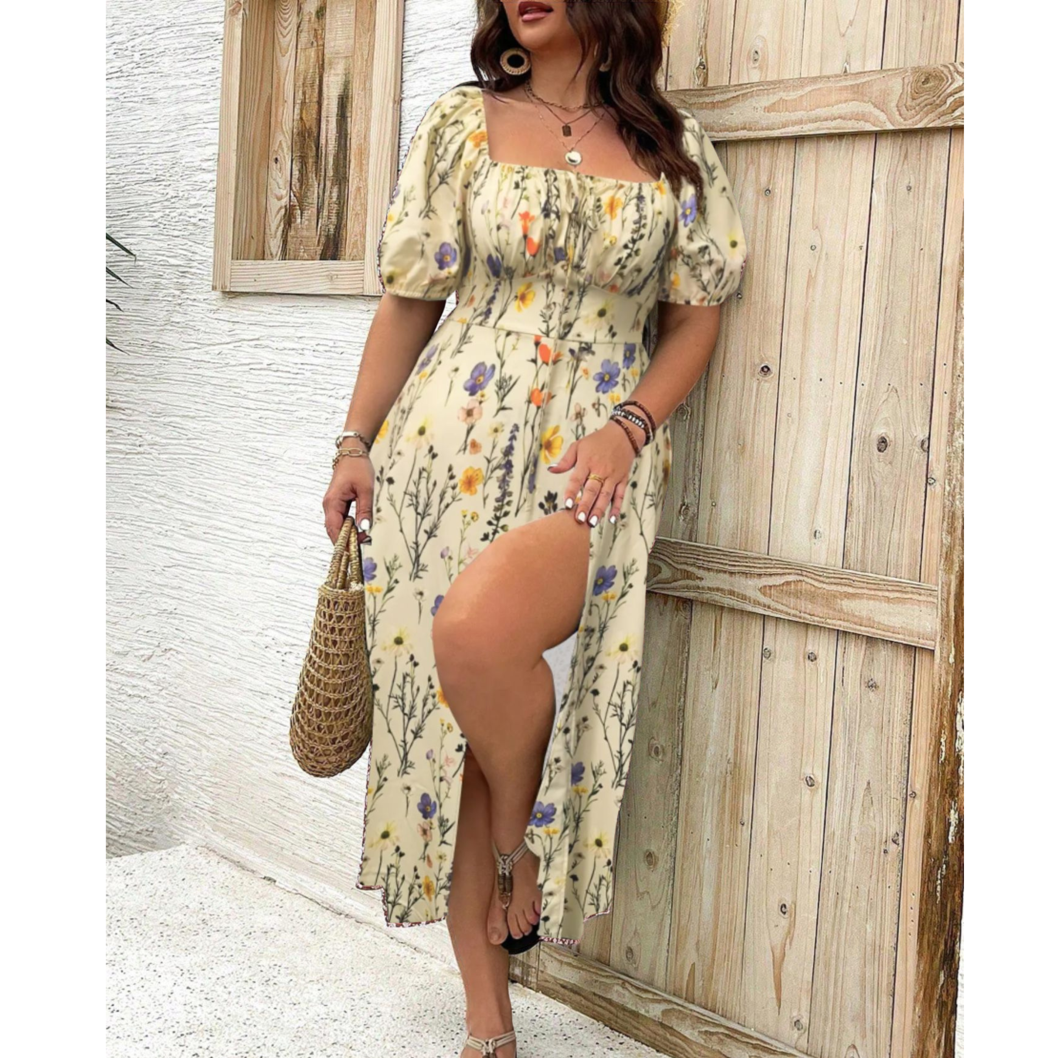 Women's Classy Plus Size Puff Sleeve Maxi Dress
