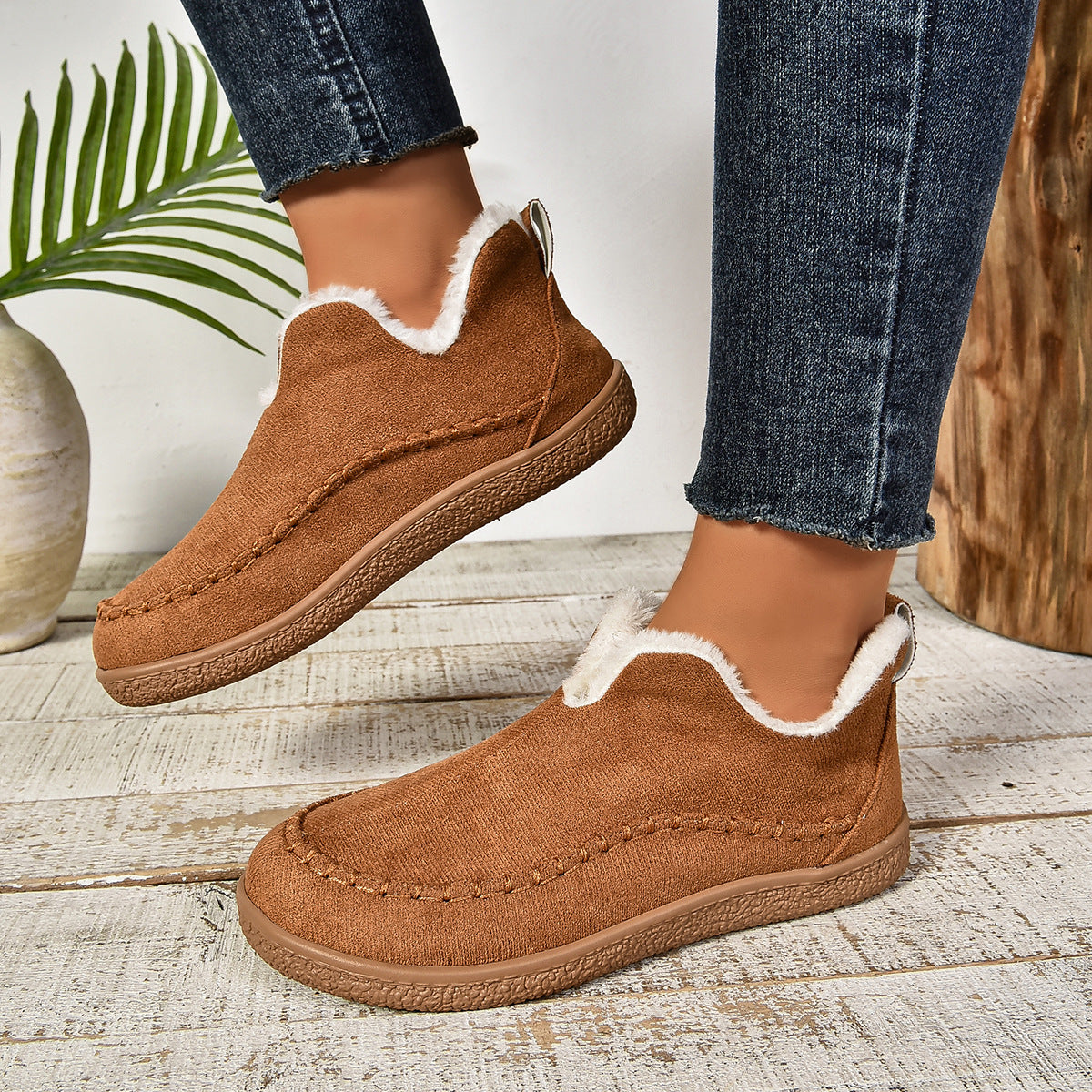 Women's Warm Fur Lined Slip-On Ankle Boots with Anti-slip Thick Sole