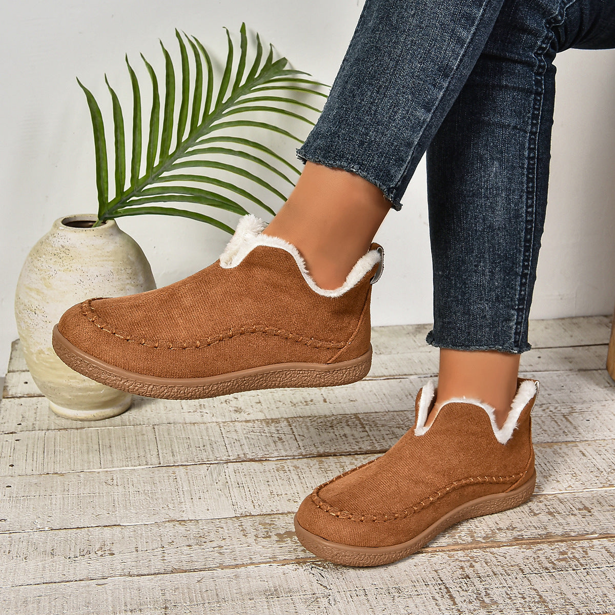 Women's Warm Fur Lined Slip-On Ankle Boots with Anti-slip Thick Sole
