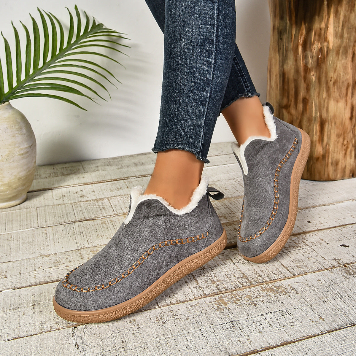 Women's Warm Fur Lined Slip-On Ankle Boots with Anti-slip Thick Sole
