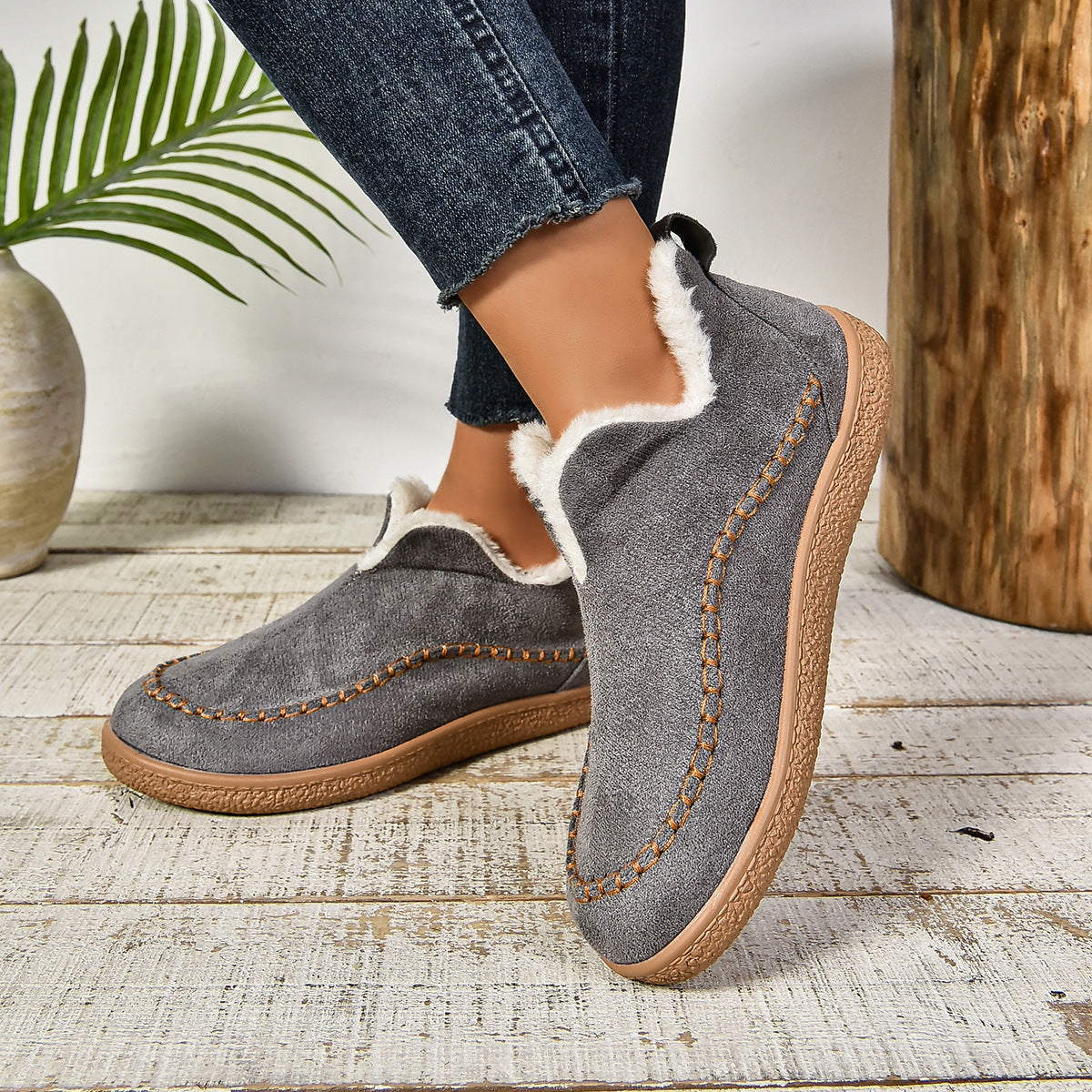 Women's Warm Fur Lined Slip-On Ankle Boots with Anti-slip Thick Sole