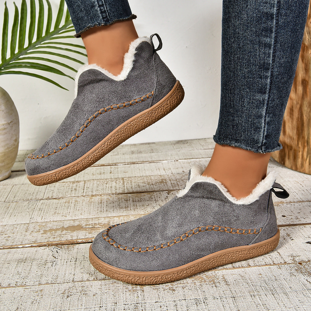 Women's Warm Fur Lined Slip-On Ankle Boots with Anti-slip Thick Sole