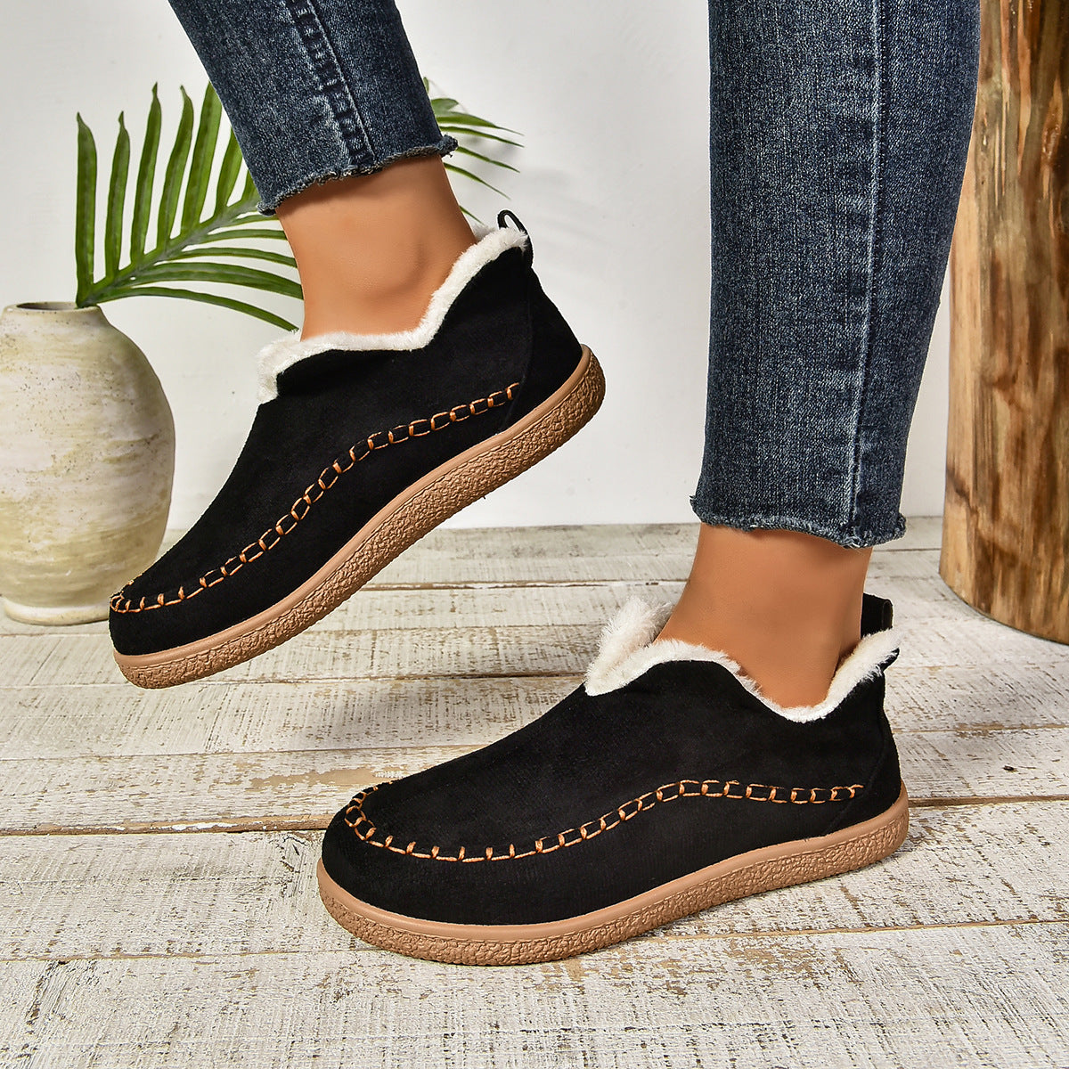 Women's Warm Fur Lined Slip-On Ankle Boots with Anti-slip Thick Sole