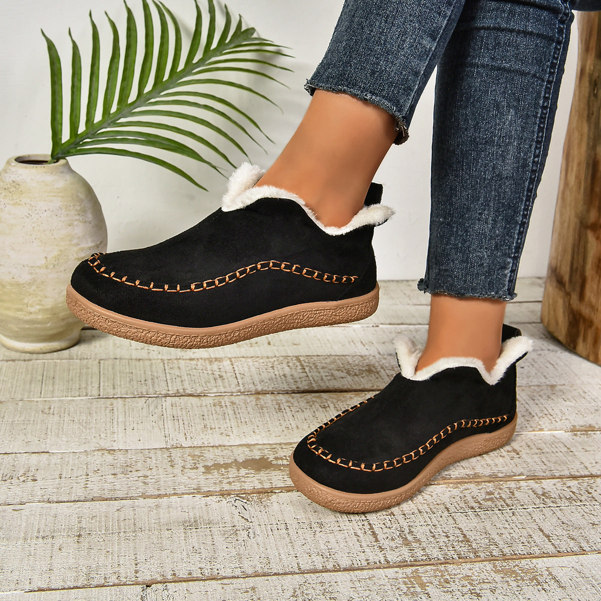 Women's Warm Fur Lined Slip-On Ankle Boots with Anti-slip Thick Sole
