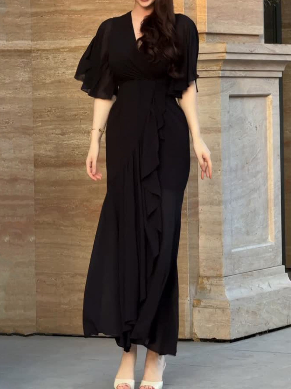 Women's Retro V-neck trumpet sleeve printed dress