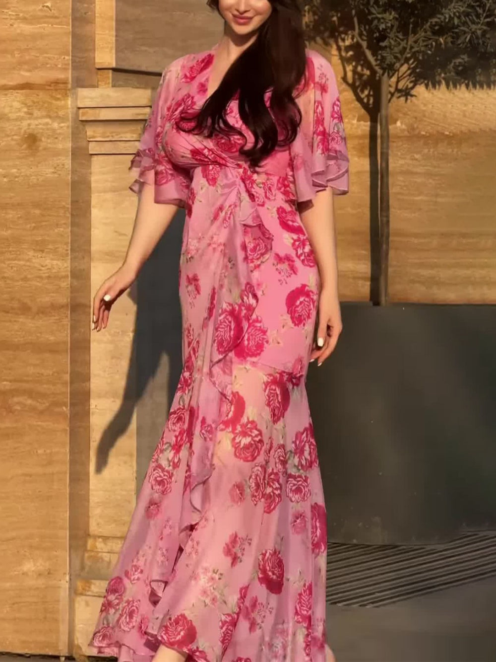 Women's Retro V-neck trumpet sleeve printed dress
