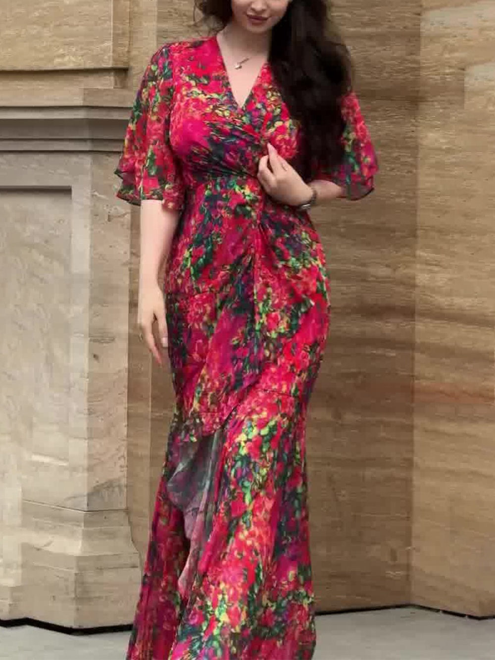 Women's Retro V-neck trumpet sleeve printed dress