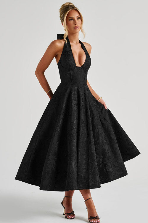Women's V-Neck Halterneck Sleeveless Jacquard Maxi Dress