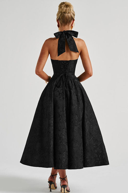 Women's V-Neck Halterneck Sleeveless Jacquard Maxi Dress