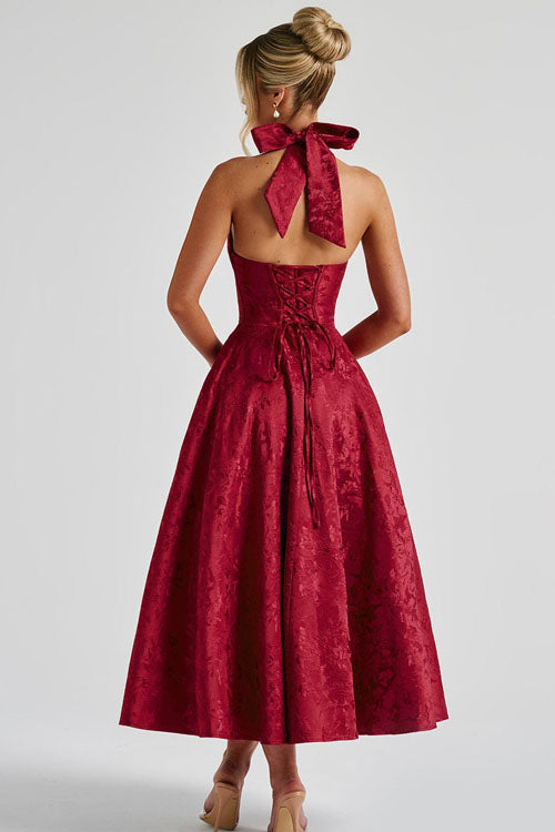 Women's V-Neck Halterneck Sleeveless Jacquard Maxi Dress