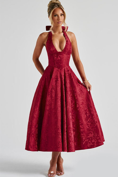 Women's V-Neck Halterneck Sleeveless Jacquard Maxi Dress