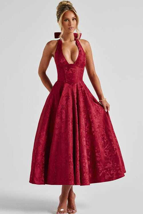 Women's V-Neck Halterneck Sleeveless Jacquard Maxi Dress