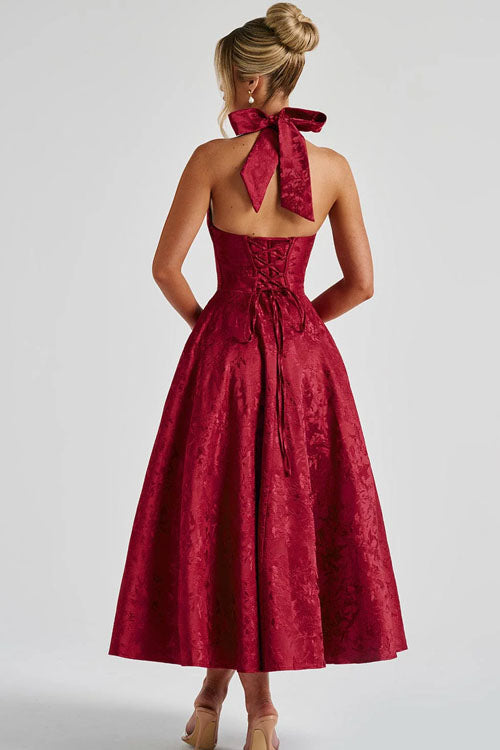Women's V-Neck Halterneck Sleeveless Jacquard Maxi Dress