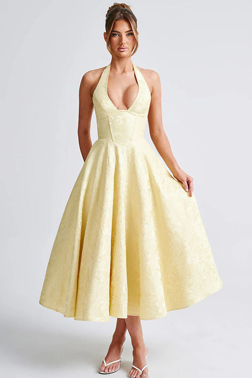 Women's V-Neck Halterneck Sleeveless Jacquard Maxi Dress