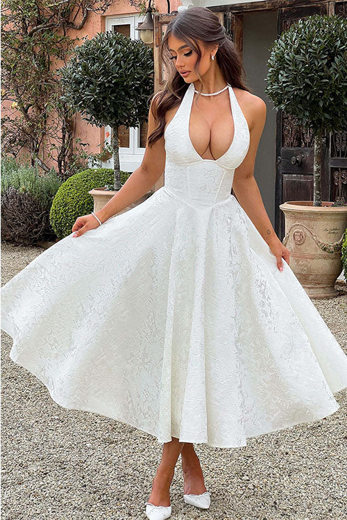 Women's V-Neck Halterneck Sleeveless Jacquard Maxi Dress
