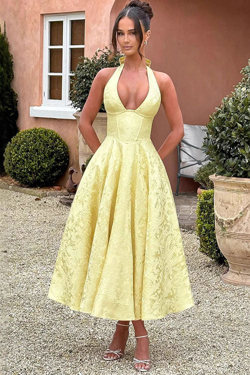 Women's V-Neck Halterneck Sleeveless Jacquard Maxi Dress
