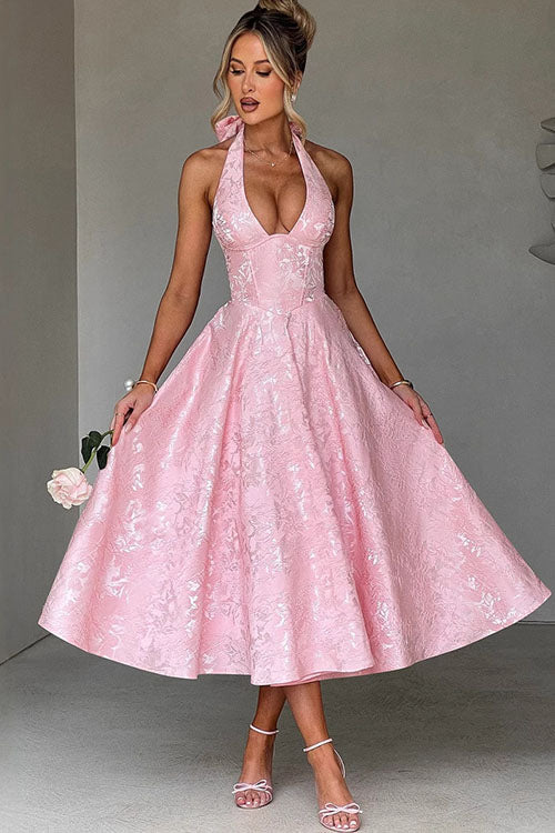 Women's V-Neck Halterneck Sleeveless Jacquard Maxi Dress