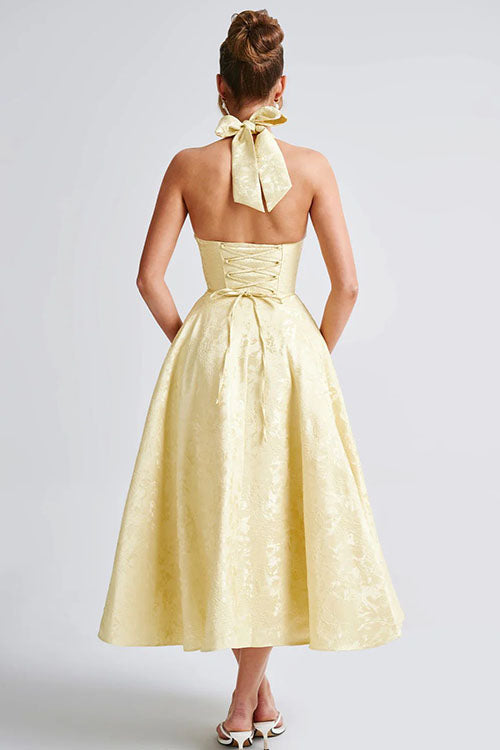 Women's V-Neck Halterneck Sleeveless Jacquard Maxi Dress