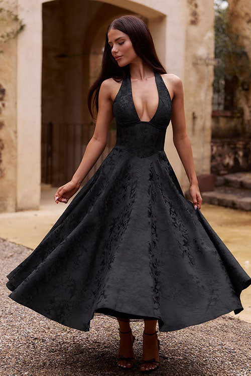 Women's V-Neck Halterneck Sleeveless Jacquard Maxi Dress
