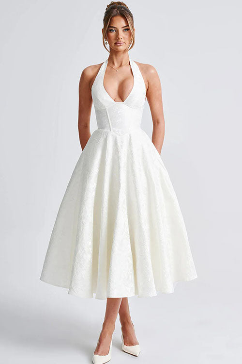 Women's V-Neck Halterneck Sleeveless Jacquard Maxi Dress