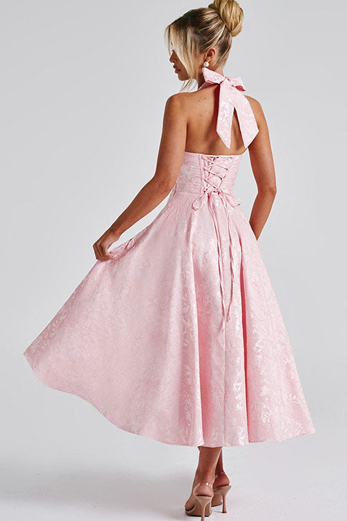 Women's V-Neck Halterneck Sleeveless Jacquard Maxi Dress