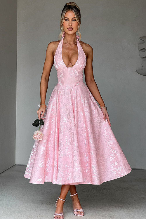 Women's V-Neck Halterneck Sleeveless Jacquard Maxi Dress