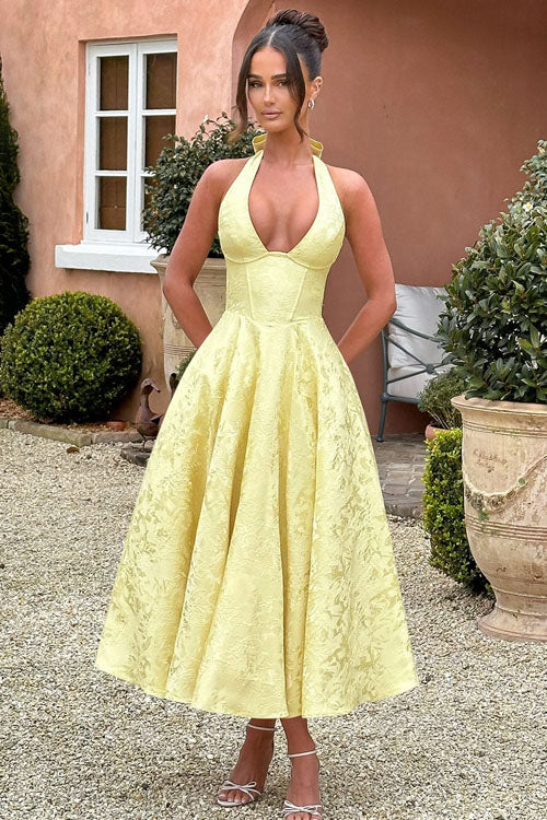 Women's V-Neck Halterneck Sleeveless Jacquard Maxi Dress