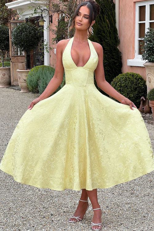 Women's V-Neck Halterneck Sleeveless Jacquard Maxi Dress