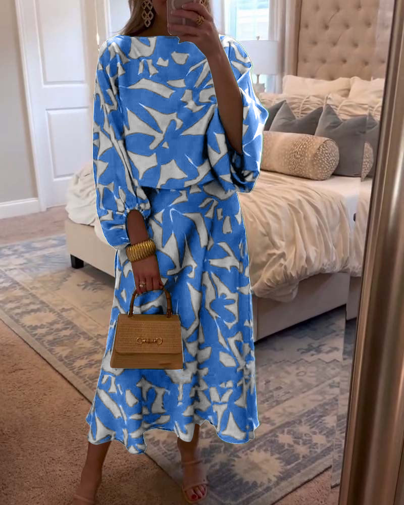 Women's Two-Piece Printed Set with Lantern Sleeves