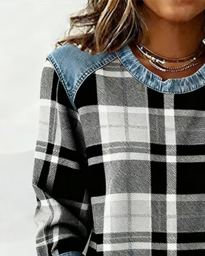 Women's Sweatshirt with Checkered Patchwork