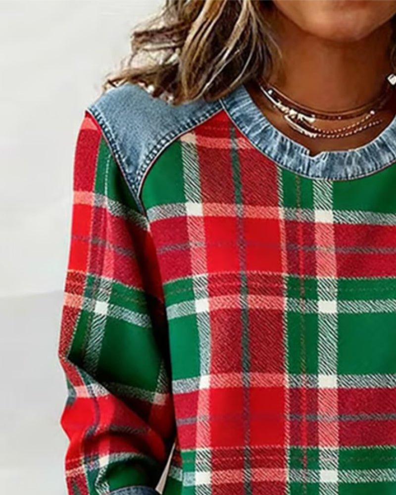 Women's Sweatshirt with Checkered Patchwork
