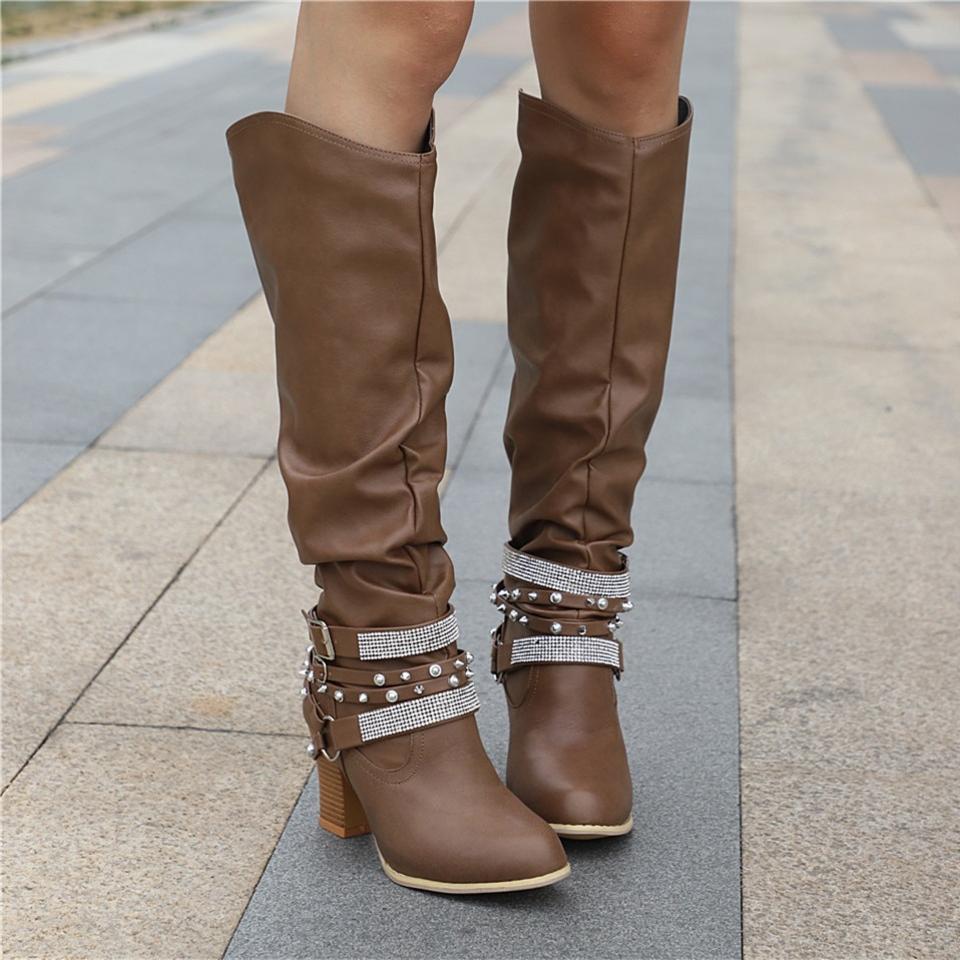 Women's Knee-High Boots - Slouchy Design - Block Heel