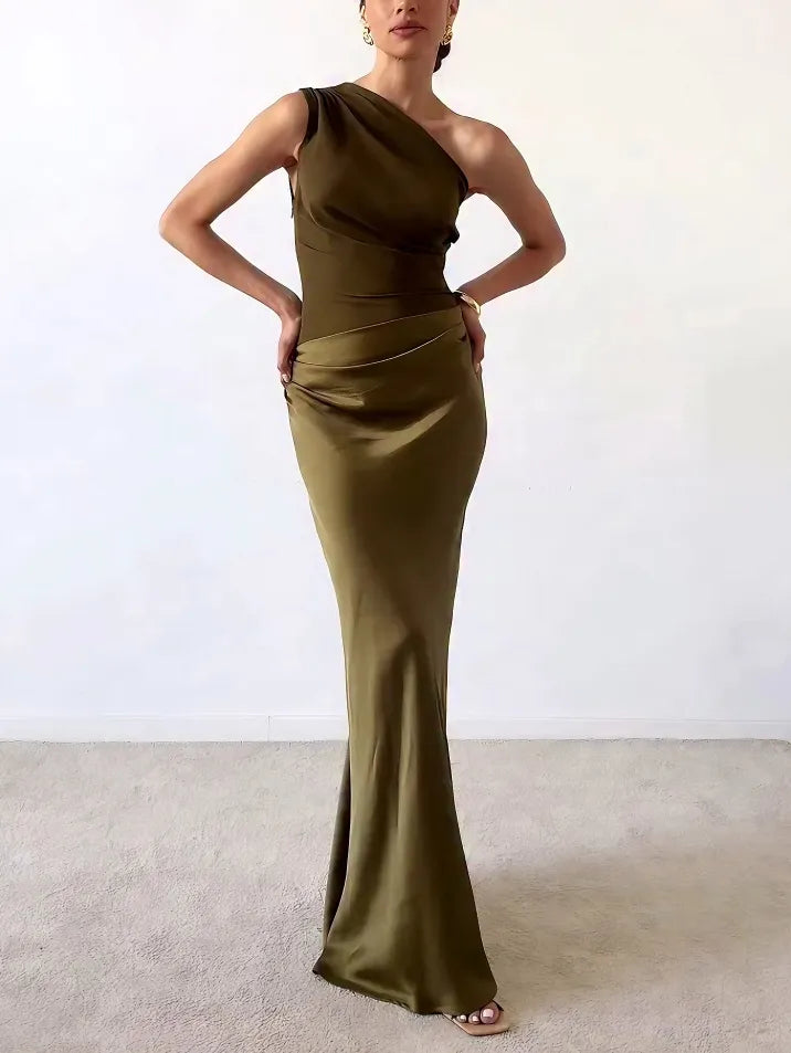 Women's Elegant One Shoulder Neck Pleated Party Maxi Dress