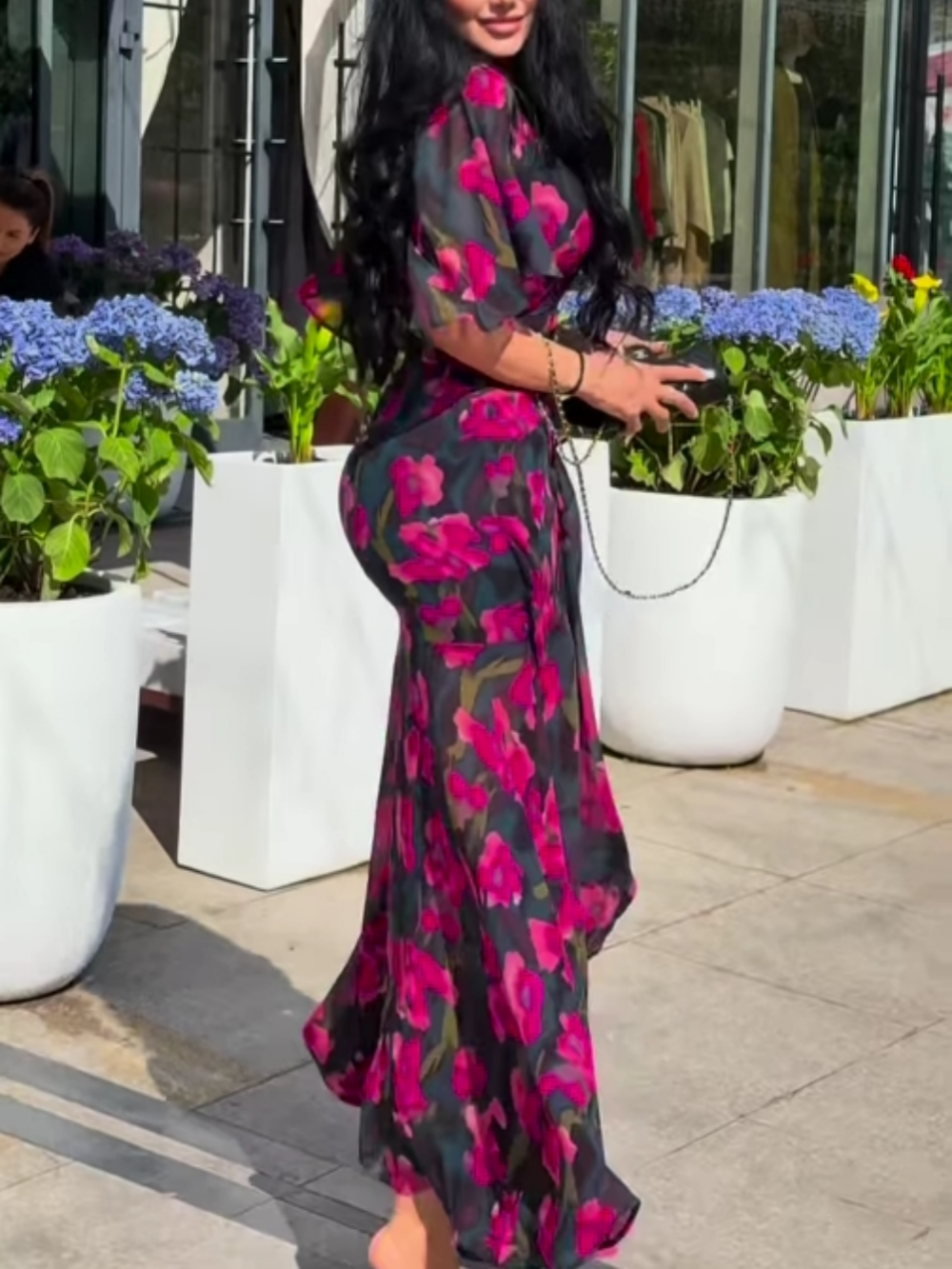 Women's Retro V-neck trumpet sleeve printed dress