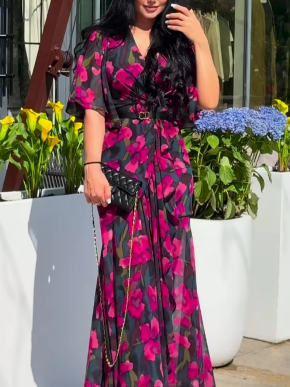 Women's Retro V-neck trumpet sleeve printed dress