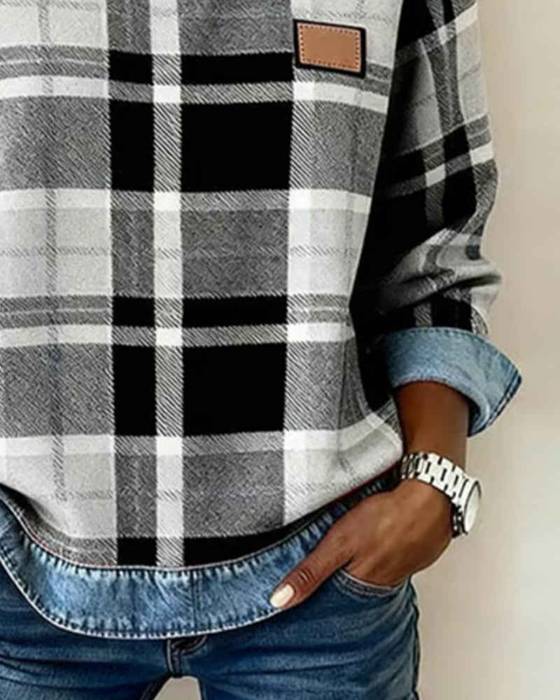 Women's Sweatshirt with Checkered Patchwork