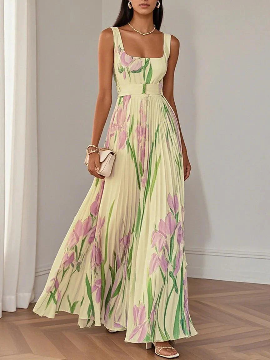 Women's White Pleated Floral Maxi Dress