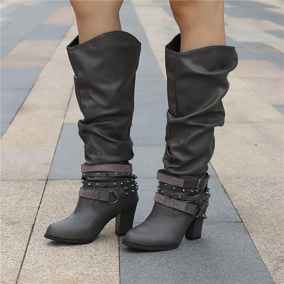 Women's Knee-High Boots - Slouchy Design - Block Heel