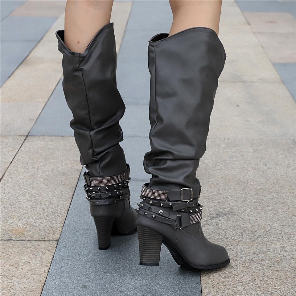 Women's Knee-High Boots - Slouchy Design - Block Heel