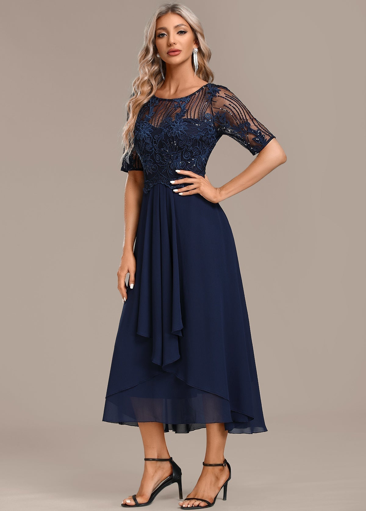 Women's Navy Lace Short Sleeve Round Neck Dress