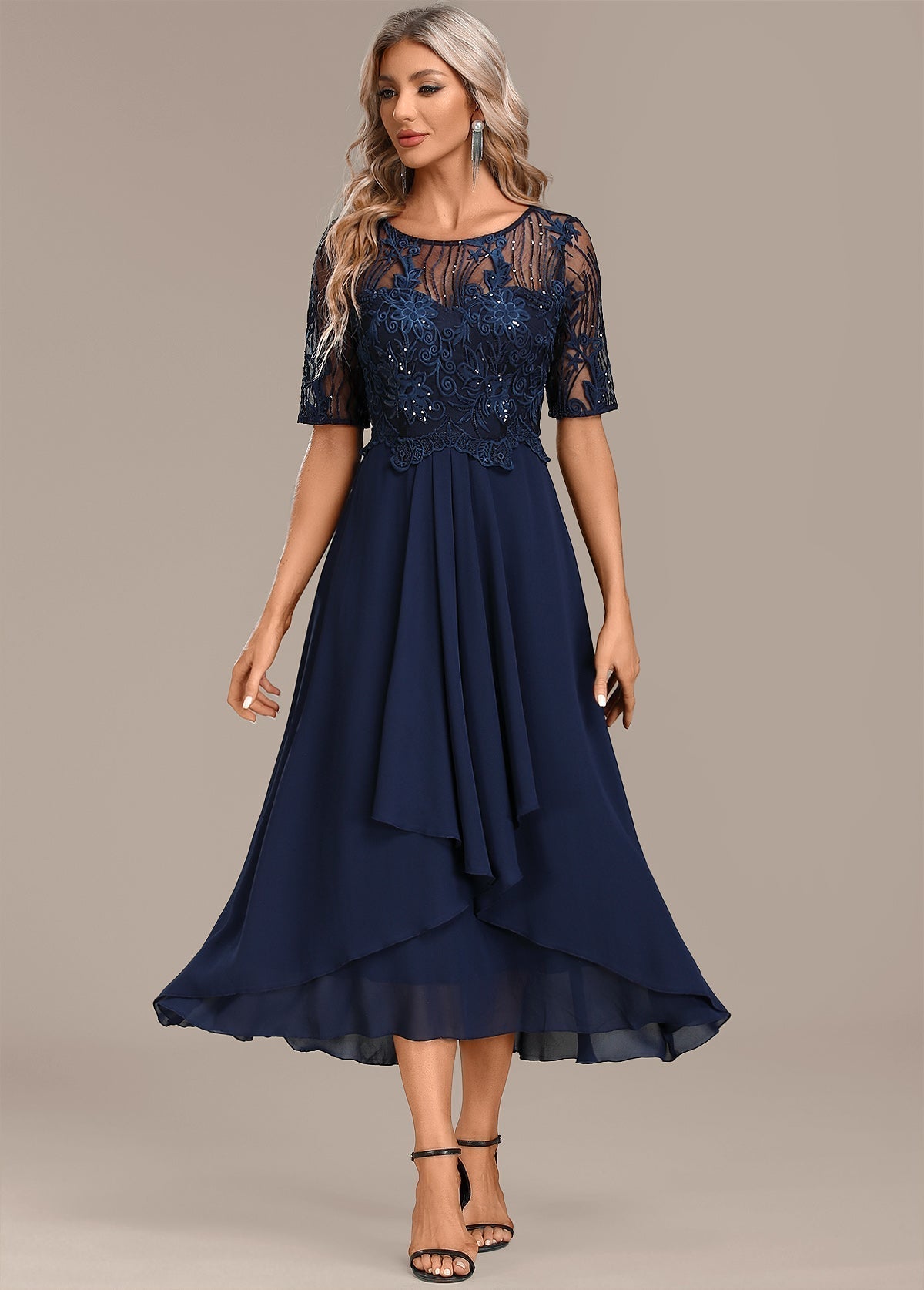 Women's Navy Lace Short Sleeve Round Neck Dress