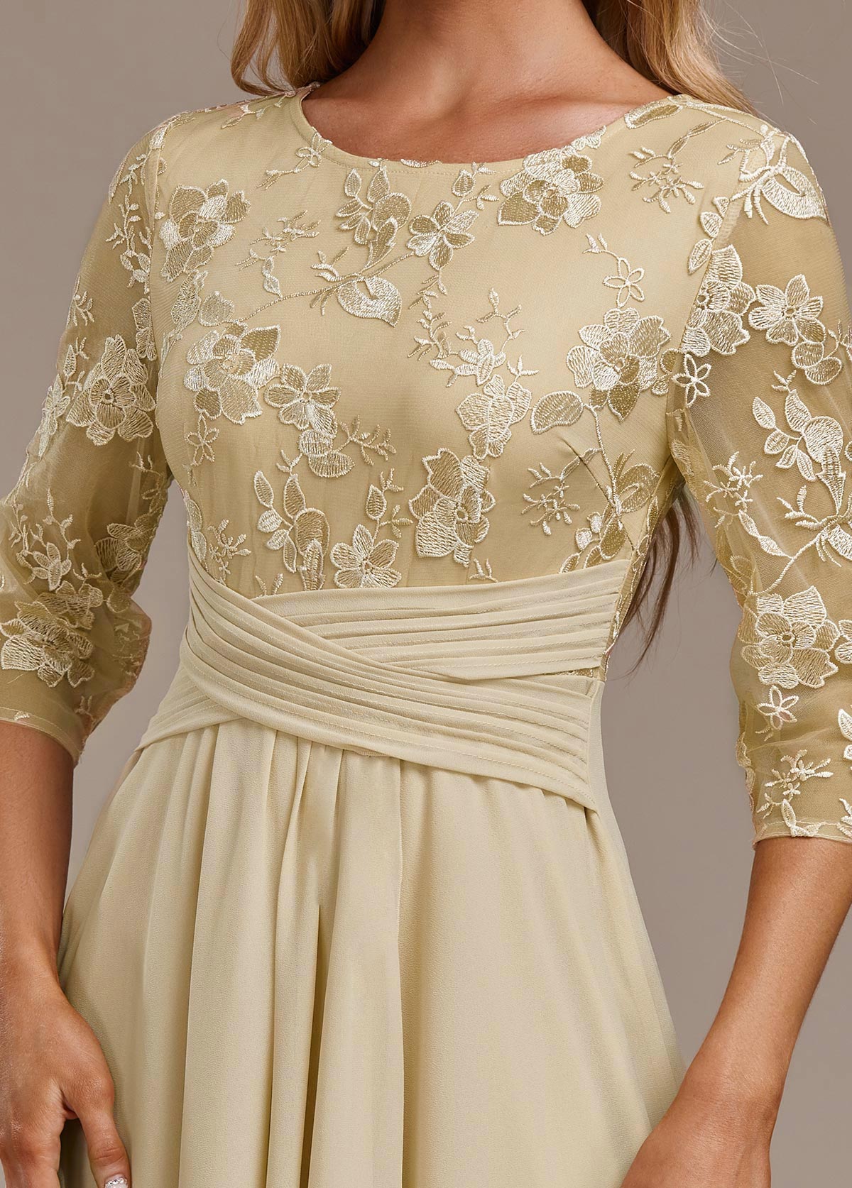 Women's Champagne FLoral 3/4 Sleeve Round Neck Dress