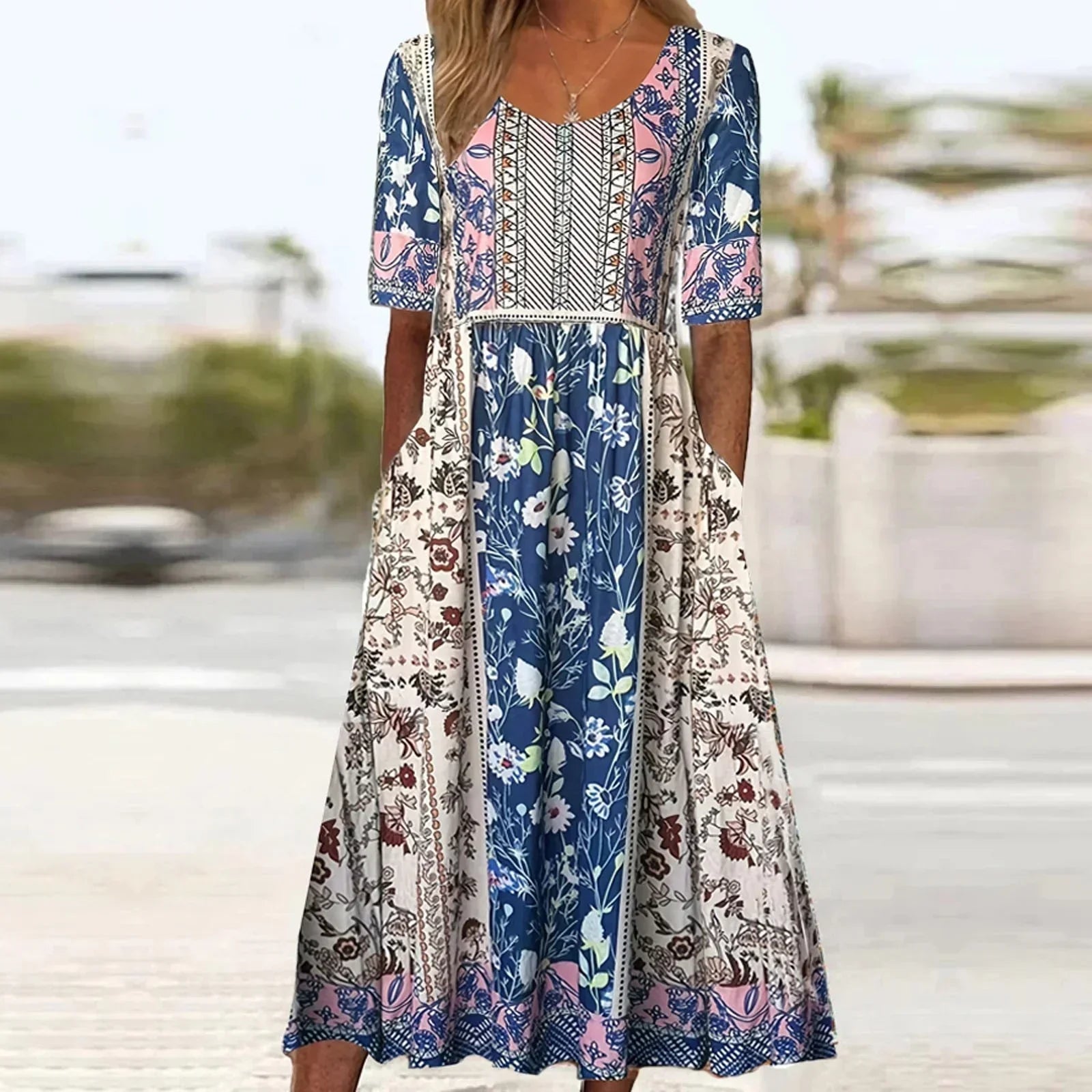 Women's Dress with Bohemian Print and Round Neckline