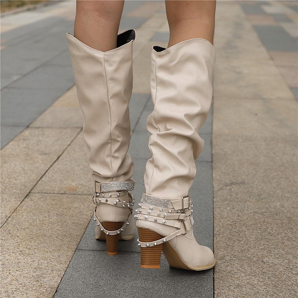 Women's Knee-High Boots - Slouchy Design - Block Heel