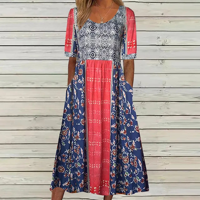 Women's Dress with Bohemian Print and Round Neckline