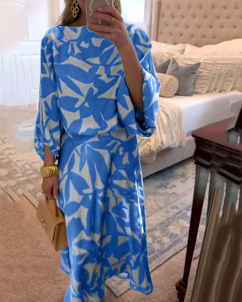 Women's Two-Piece Printed Set with Lantern Sleeves
