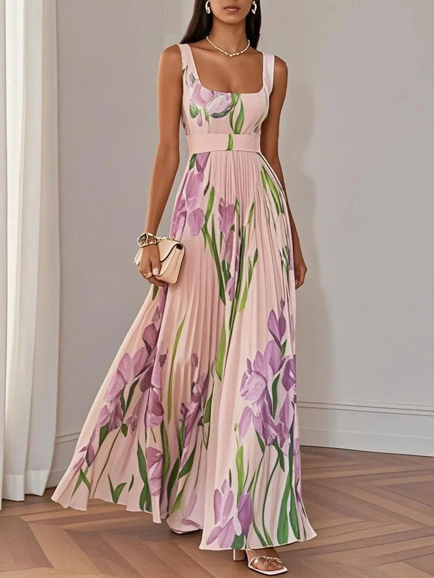 Women's White Pleated Floral Maxi Dress